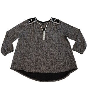 LUCKY BRAND Women Top 2X Black White Medallion Boho Embroidered Peasant Blouse